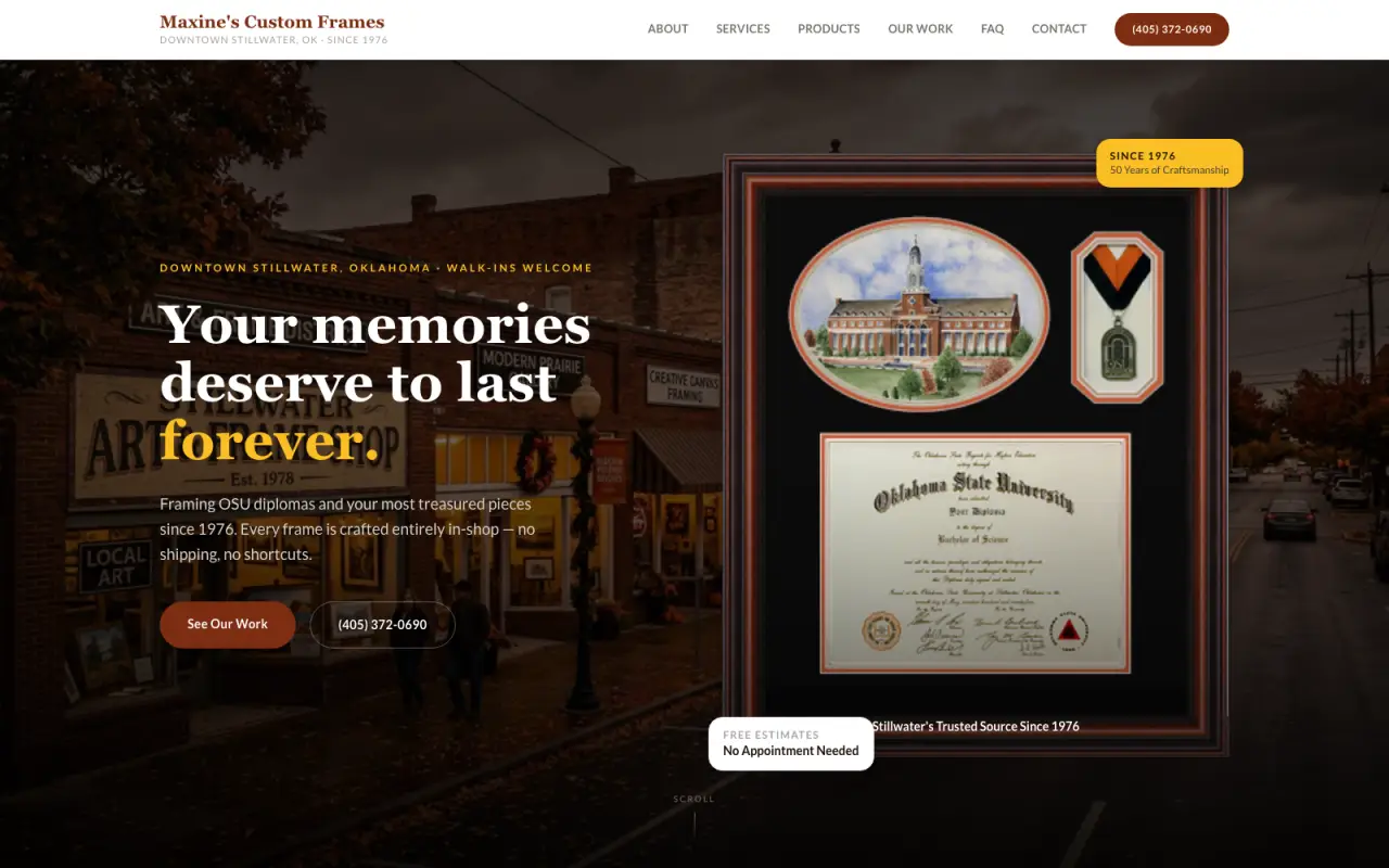 Maxine's Frame Shop website in Stillwater, OK