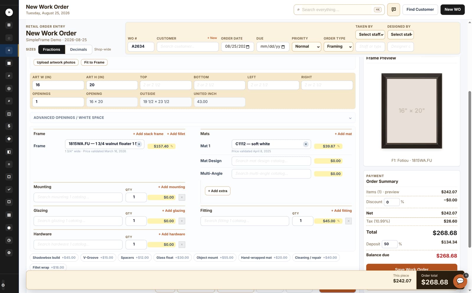SimpleFrame POS work-order builder with artwork sizes, moulding and mat lines, a live frame preview, and order totals