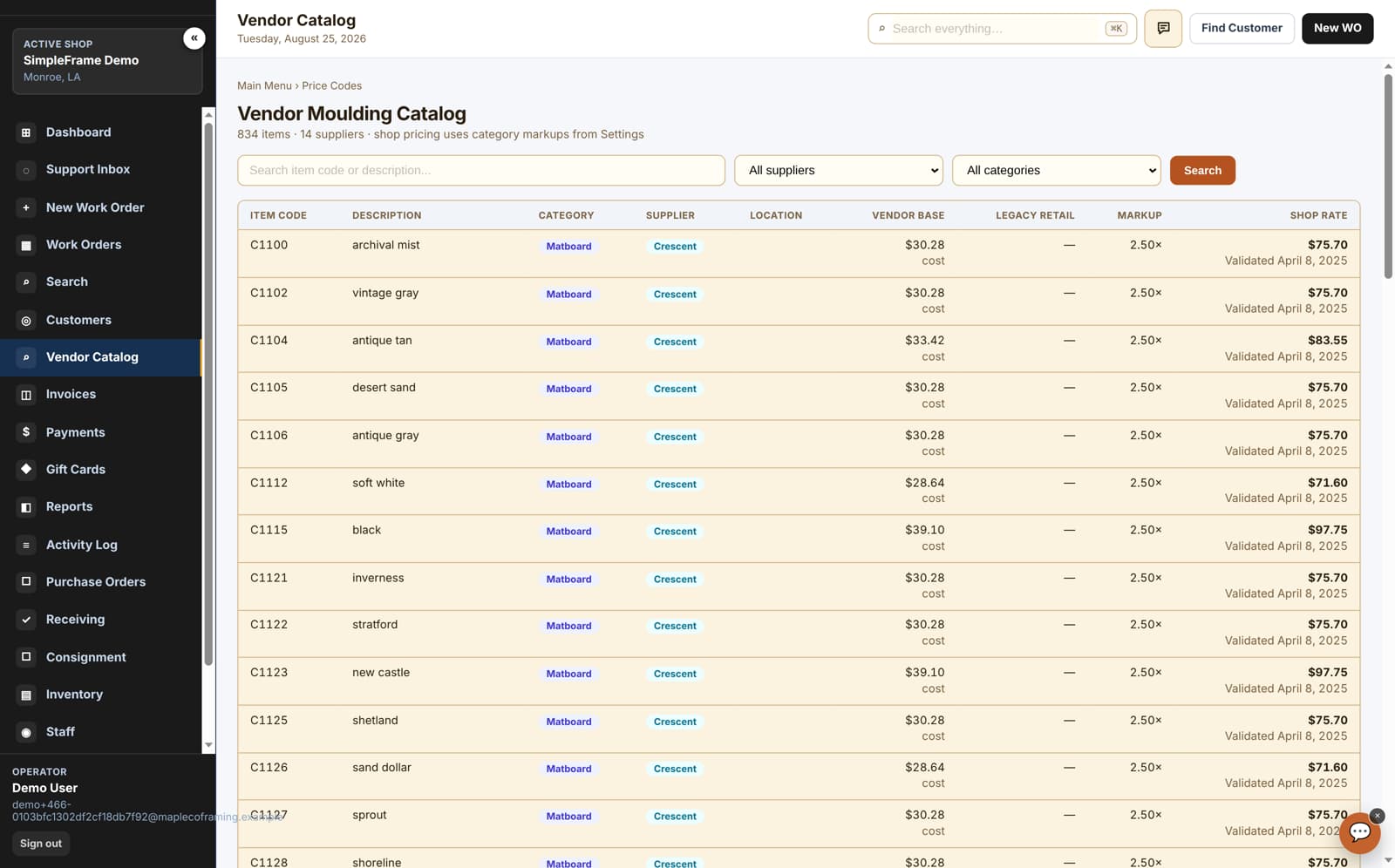 SimpleFrame vendor moulding catalog with item codes, suppliers, cost, markup, and shop rates