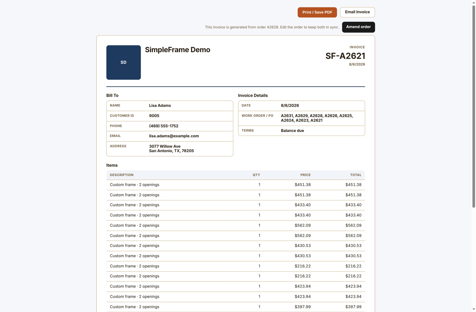 SimpleFrame customer invoice for a framing work order, with bill-to details, line items, and print or email actions
