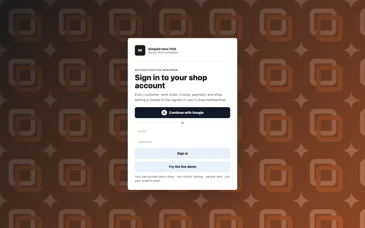 SimpleFrame POS secure shop sign-in and live demo screen